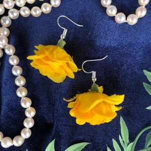 Yellow Mini Roses Buds Flower Dangle Earrings